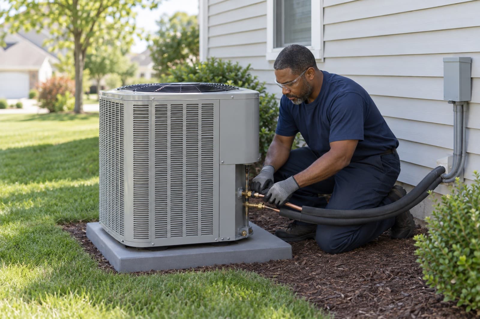 HVAC technician connecting the refrigerant line set to a new outdoor AC condenser beside a house