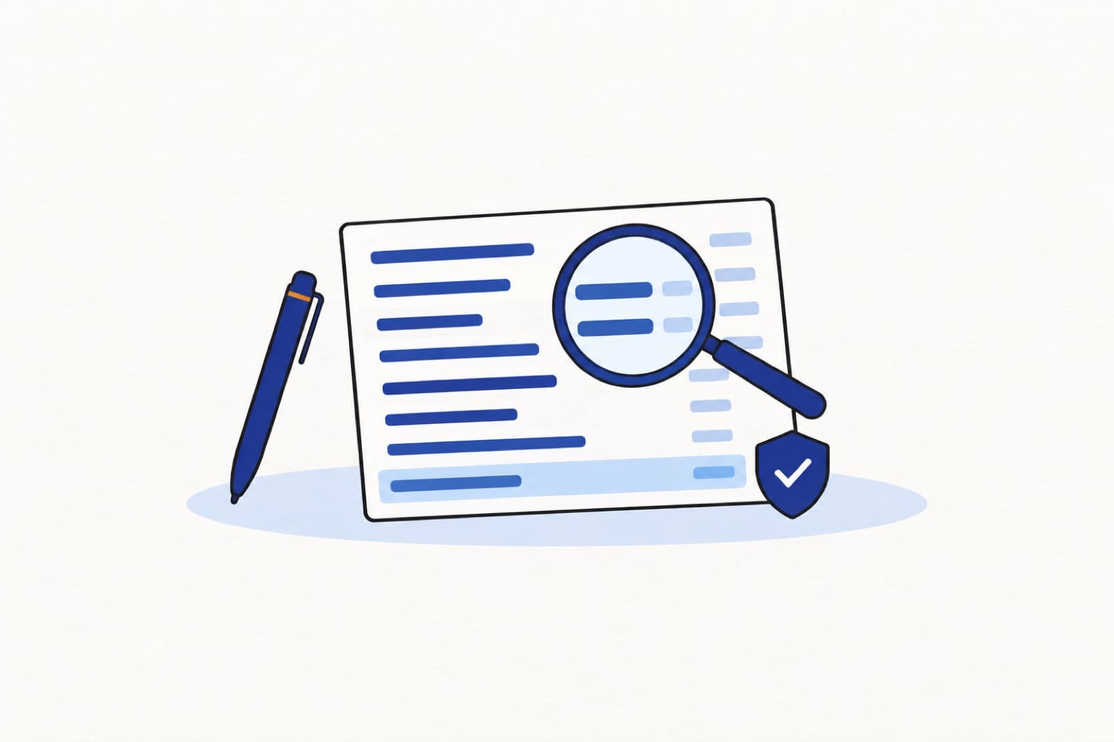 Illustration of an HVAC contractor quote sheet with a magnifying glass enlarging two line items, a pen beside it and a checkmark shield on the corner