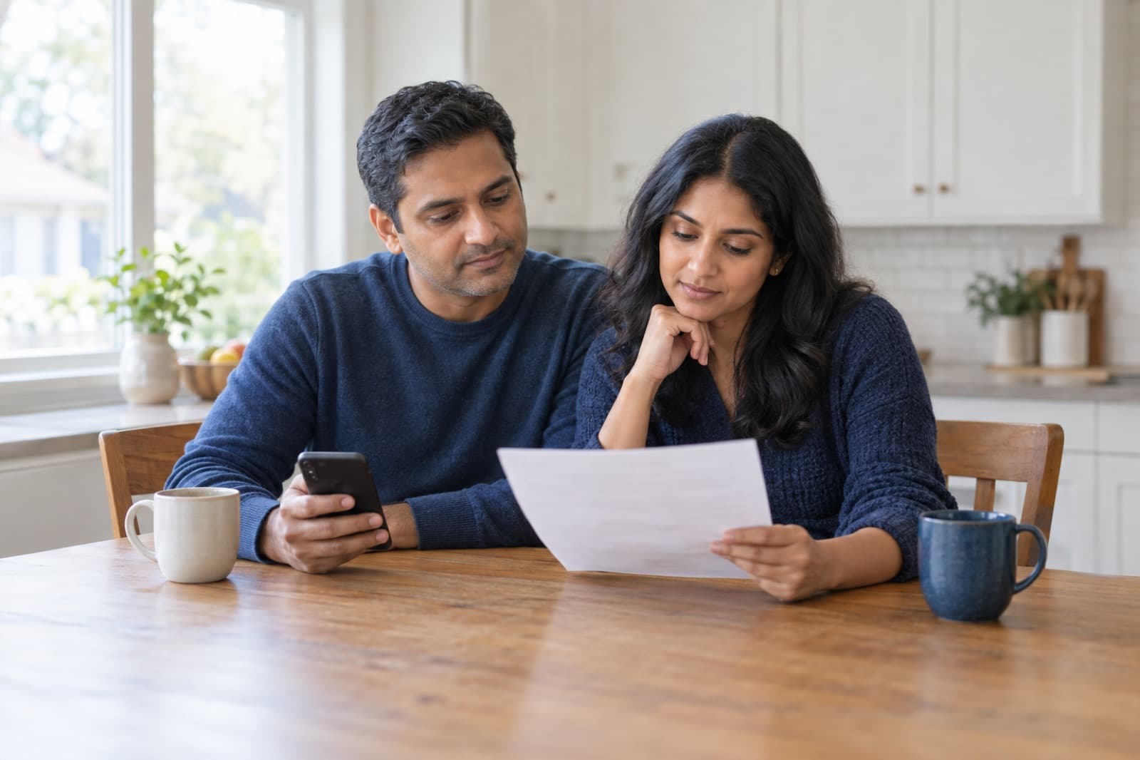 Couple at a kitchen table reviewing an HVAC quote and a phone
